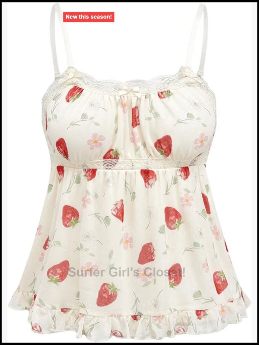 Women's Sleeveless Camisole Cute Strawberry Print Ruffle Hem Cami Top Summer